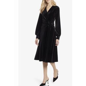 Halogen S Black Velvet Faux Wrap V Neck Knot Long Sleeve Midi Women Dress Goth